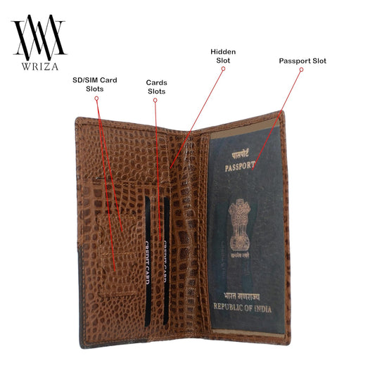 WRIZA Men and Women Tan | Genuine Leather Passport Cover/Holder | RFID Protected Passport Wallet with Card Slots for Trips | 3 Slots | Sim & Memory Card Slots