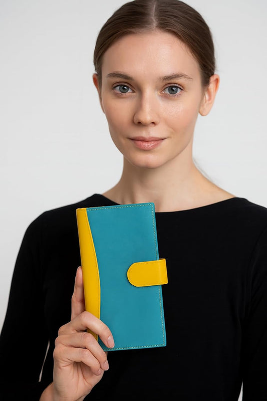 Women’s Premium Bi-Fold Colorblock Purse – Teal & Mustard