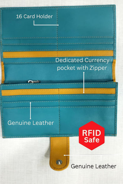 WRIZA RFID Safe Women’s Purse  Genuine Leather Hand Clutch with 16 Card Slots & 3 Spacious Compartments  Lightweight Wallet for Everyday Use