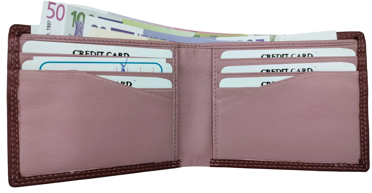 Open pink leather wallet with credit card slots and cash, RFID Block